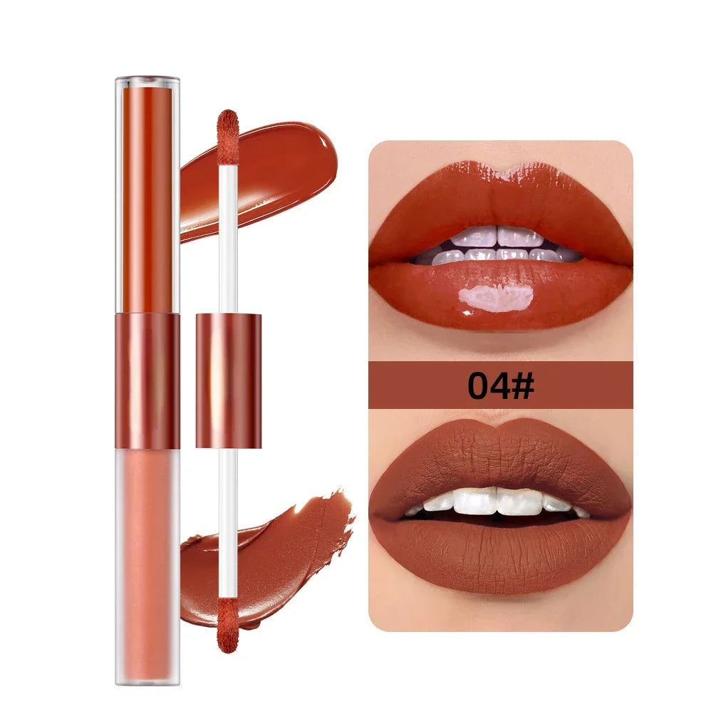 Matte Lipstick Double Head Lip Coat 24H Non-stick Cup Lip Gloss Tint Plumper Long Lasting Waterproof Lipstick Makeup