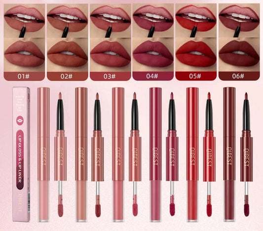 QIBEST Double-end Lip Makeup Lipstick Pencil 2 in 1 Lipgloss & Lip Liner Nude Lipstick Pen Lasting Lip Glaze Gloss Lipliner Pens