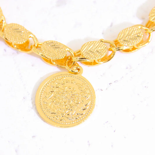 Arab Vintage Bracelet 21k Gold Plated Turkish Totem Coin Round Bangles Hollow Out Women Luxury Wedding Party Daily Jewelry