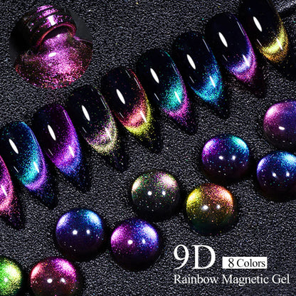 MEET ACROSS 7ml 9D Rainbow Magnetic Gel Holographic Glitter Cat Eye Gel Nail Polish Shiny Reflective Cat Eye's Magnet Gel Polish