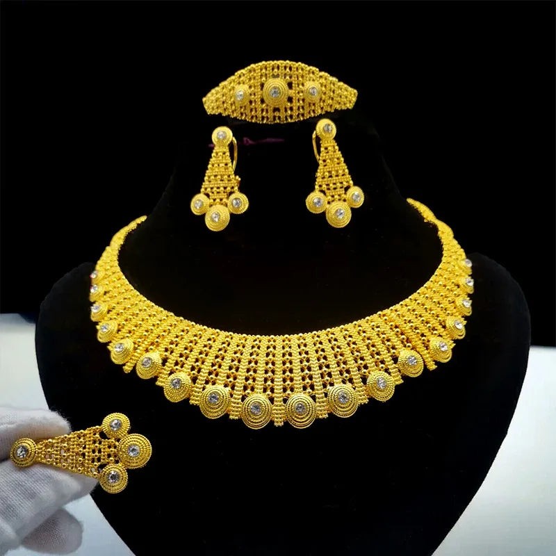 Gold Color Hollow Earrings Necklace Bead Set Fashion Women Dubai Africa Luxury Punk Jewelry Set Choker Wholesale Round Bangle