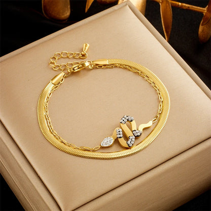 DIEYURO  Stainless Steel Snake Charm Bracelet For Women New Fashion Gold Color 2in1 Wrist Chains Jewelry