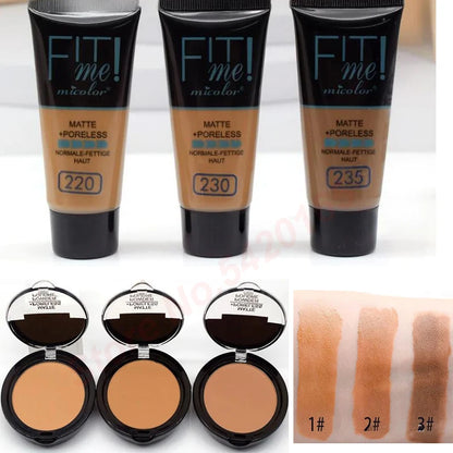 Micolor Fit Me 2 IN 1 Matte Black Skin 30g Poreless Powder + 30ml Liquid Foundation Dark Skin Dedicated Foundation Cosmetic Set