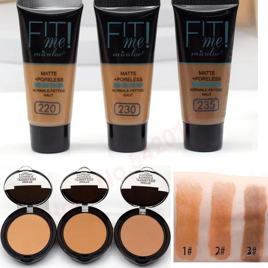 Micolor Fit Me 2 IN 1 Matte Black Skin 30g Poreless Powder + 30ml Liquid Foundation Dark Skin Dedicated Foundation Cosmetic Set