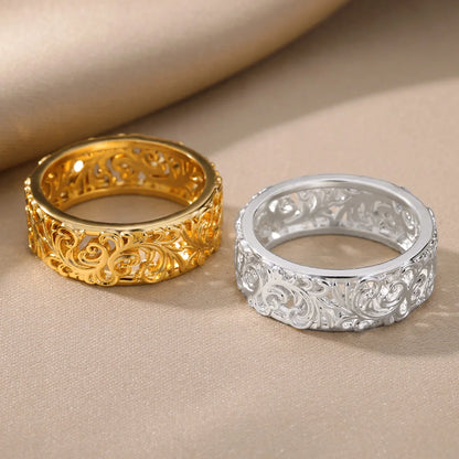 Hollow Flower Rings For Women Gold Color Stainless Steel Ring Female Engagement Wedding Party Finger Jewelry Trend