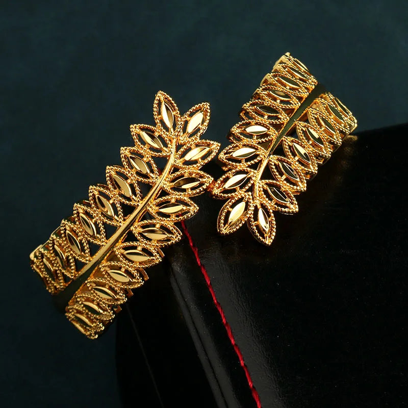 Copper Plating Gold Bracelet Ring Trendy  Bangle Bracelet for Bridal Leaves Design Cuff Bracelet  Luxury Jewelry