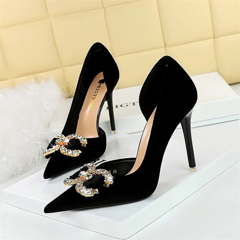 Fashion Women High Heel Rhinestone Buckle Bow Green Pink Pointed Toe Party Pumps Velvet Luxury Elegant Wedding Evening Shoes