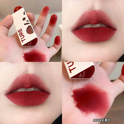 CHIOTURE Triangle Lip Mud Non-sticky Longlasting Matte Lip Gloss Cinnamon Milk Tea Color Lip Gloss Lipstick Cosmetics Free Ship