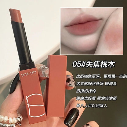 SUSU SKY Matte Lipstick Small Red Tube Matte Genuine Thin Tube Nonstick Cup Lip Glaze Slightly Tipsy Rose Wholesale Makeup