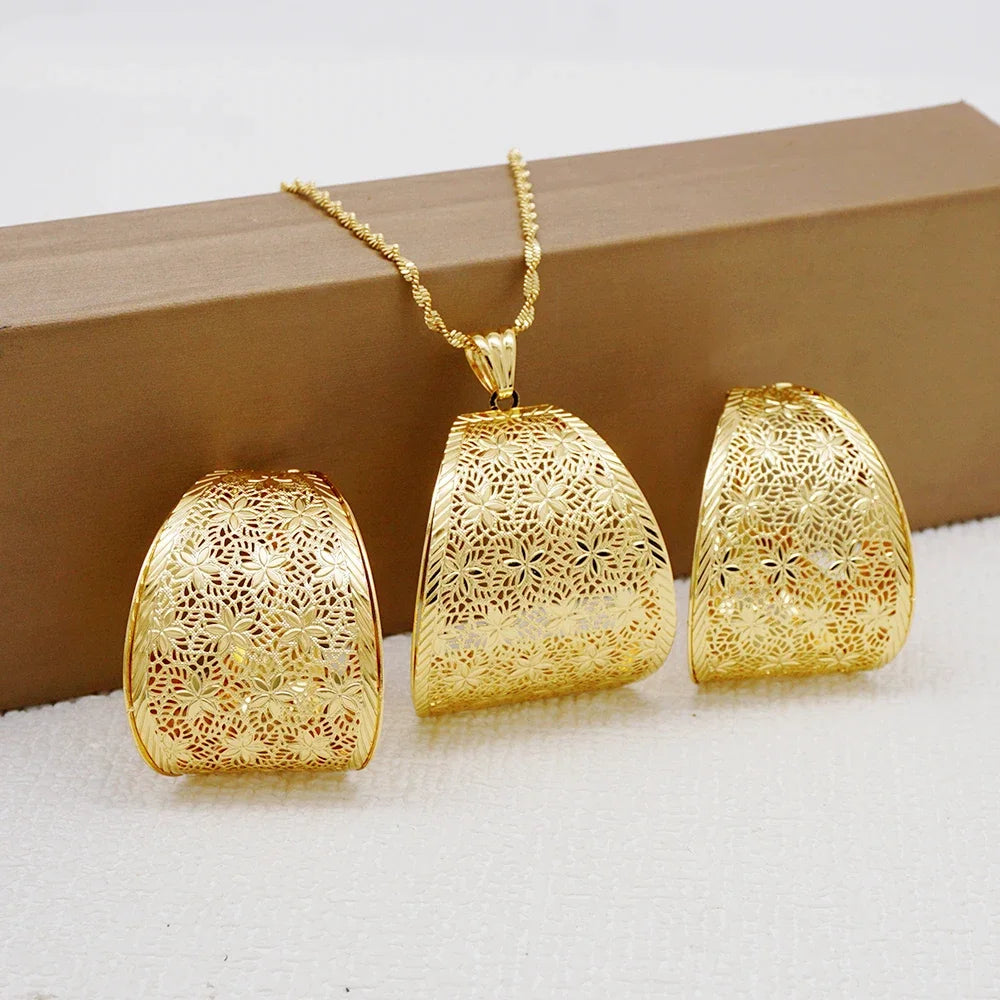 Fashion Dubai Jewelry Sets Gold Color Pendant Copper Classic Earrings Necklace For Women Daily Wear Party Anniversary Gifts