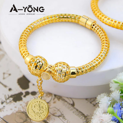 AYONG Saudi Gold Bracelet 21k Gold Plated Hollow Out Balls Bangle Punk Personality Hand Chain Cuff Bracelet