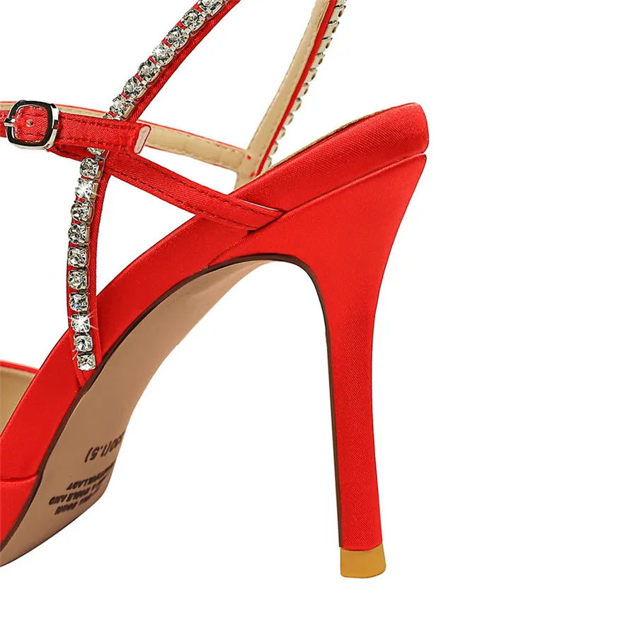 Soft Silk Pointy Toe Women Sandals Summer Crystal Buckle Fashion High Heels for occasions  Shoes Party Woman Pumps