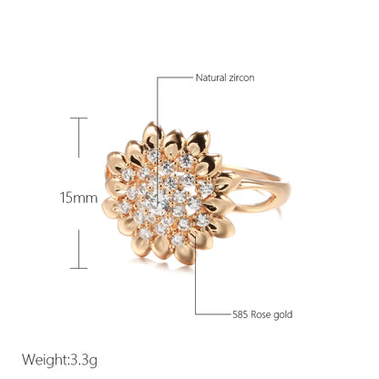 Kinel New 585 Rose Gold Flower Big Ring Fashion Creative Wedding Jewelry Natural Zircon Women Ring Unusual Vintage Jewelry