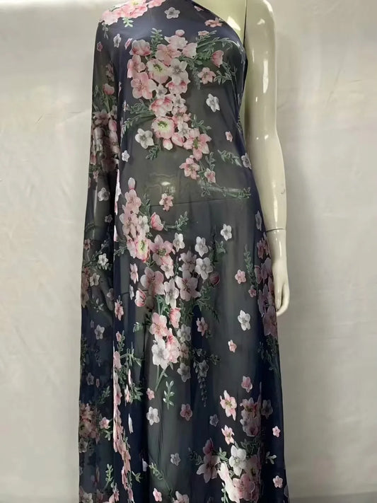 Fashion Soft  Print Satin Silk Fabric With Swiss Voile Lace For Party Lady Dress Sewing Material 5+2 Yards/Set