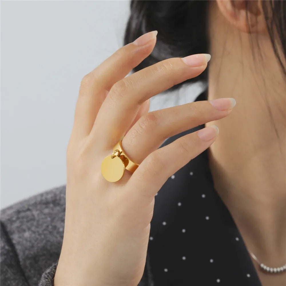 Skyrim Stainless Steel Gold Color Minimalist Ring with Big Round Pendant Finger Rings Fashion