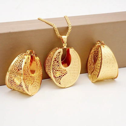 Fashion Dubai Jewelry Sets Gold Color Pendant Copper Classic Earrings Necklace For Women Daily Wear Party Anniversary Gifts