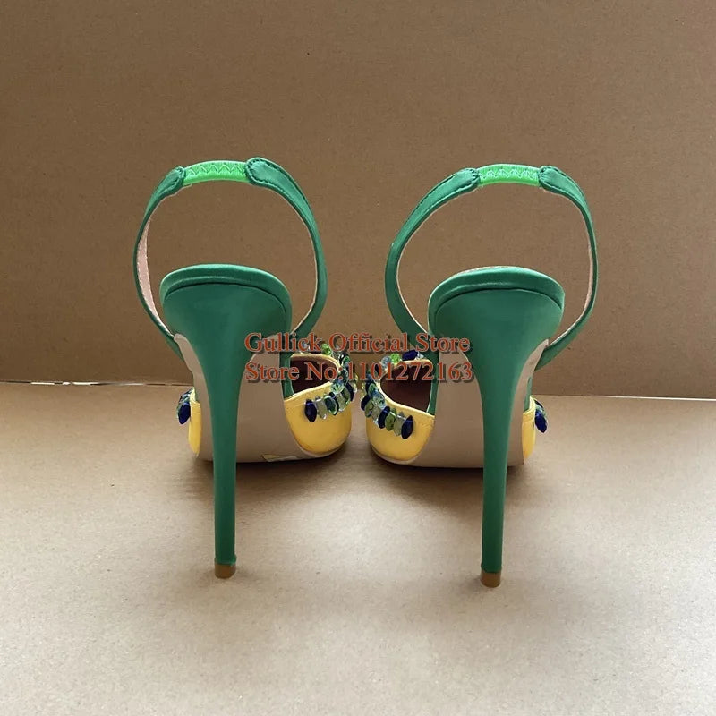 Gullick Multi Colors Crystal String Bead Women Slingback Pumps Yellow Green Sain Pointed Toe Rhinestone Trim High Heeled Shoes
