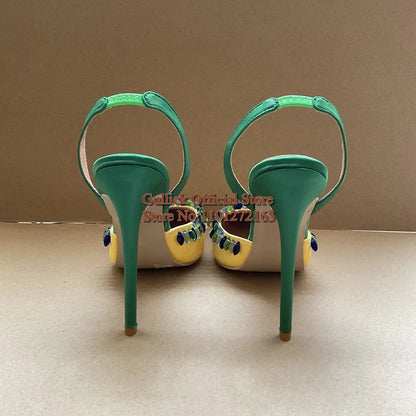 Gullick Multi Colors Crystal String Bead Women Slingback Pumps Yellow Green Sain Pointed Toe Rhinestone Trim High Heeled Shoes