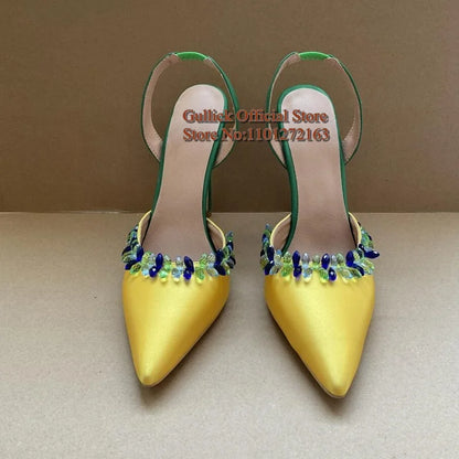 Gullick Multi Colors Crystal String Bead Women Slingback Pumps Yellow Green Sain Pointed Toe Rhinestone Trim High Heeled Shoes