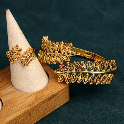 Copper Plating Gold Bracelet Ring Trendy  Bangle Bracelet for Bridal Leaves Design Cuff Bracelet  Luxury Jewelry