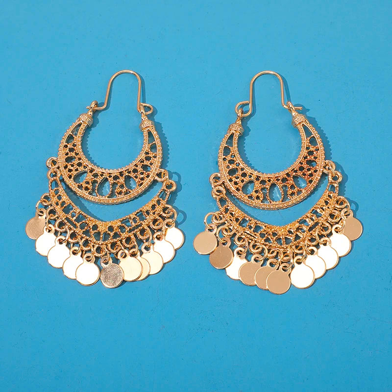 Docona Gypsy Gold Color Hollow Leaf Coin Pendant Earrings for Women Metal Long Tassel Drop Dangle Earring Pendientes 6643