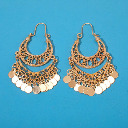 Docona Gypsy Gold Color Hollow Leaf Coin Pendant Earrings for Women Metal Long Tassel Drop Dangle Earring Pendientes 6643