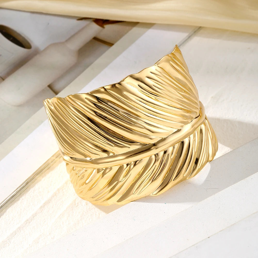 IFMIA Charm Big Metal Feather Opening Bangle For Women Men Gold Color Leaf Bracelet Fashion Jewelry