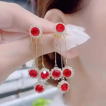 Rhinestone Ball Tassel Earrings Silver Needle Fashion Red Long Earrings For Women