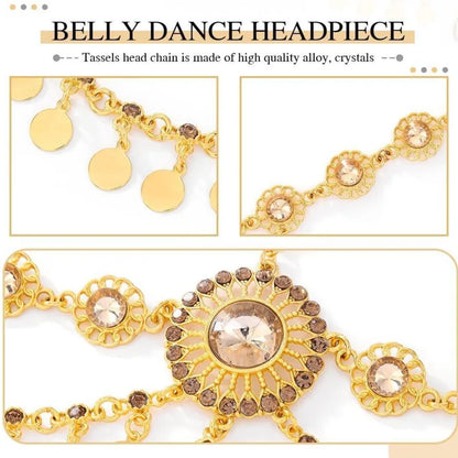 Egyptian Crystal Forehead Headpiece Gold Color Alloy Hollowed Rhinestone Coin Tassel Head Chain Women's Dance Accessories