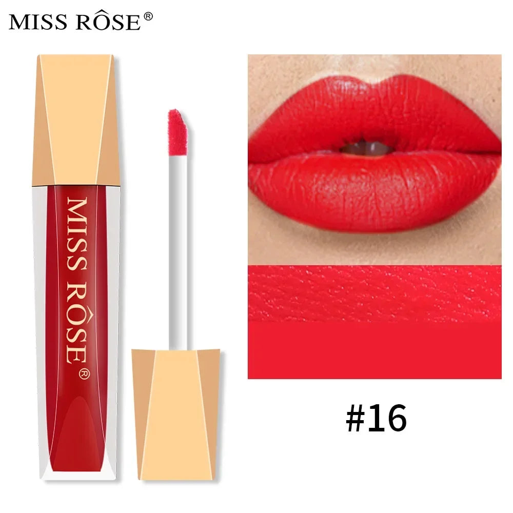 Miss Rose 16 Color Long Lasting Waterproof Velvet Matte Lip Glaze Lipstick Makeup Non-Stick Glitter Lip stick Lip Gloss Cosmetic