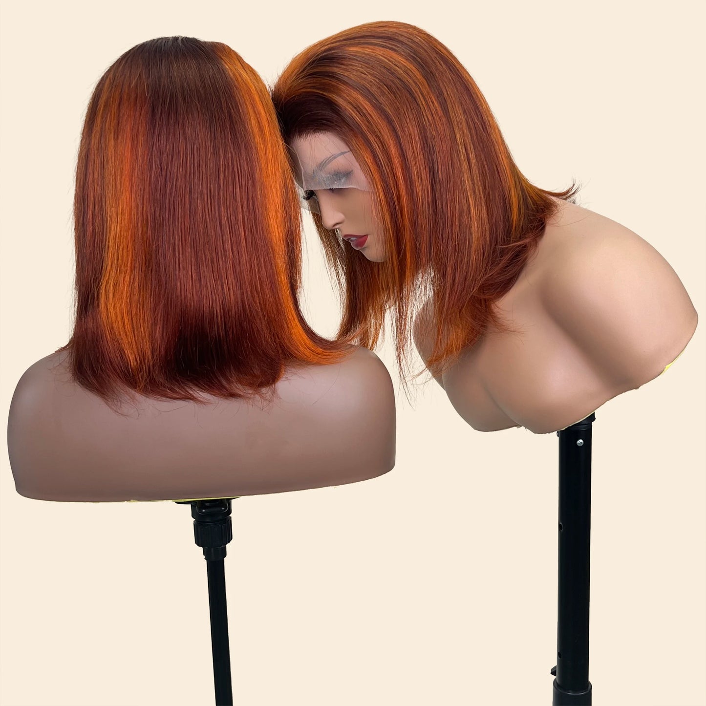 4/350 Brown Ginger Orange Color Short Straight 13x4 Bob Human Hair Wigs 200%Density Lace Frontal Pre Plucked Wig For Women