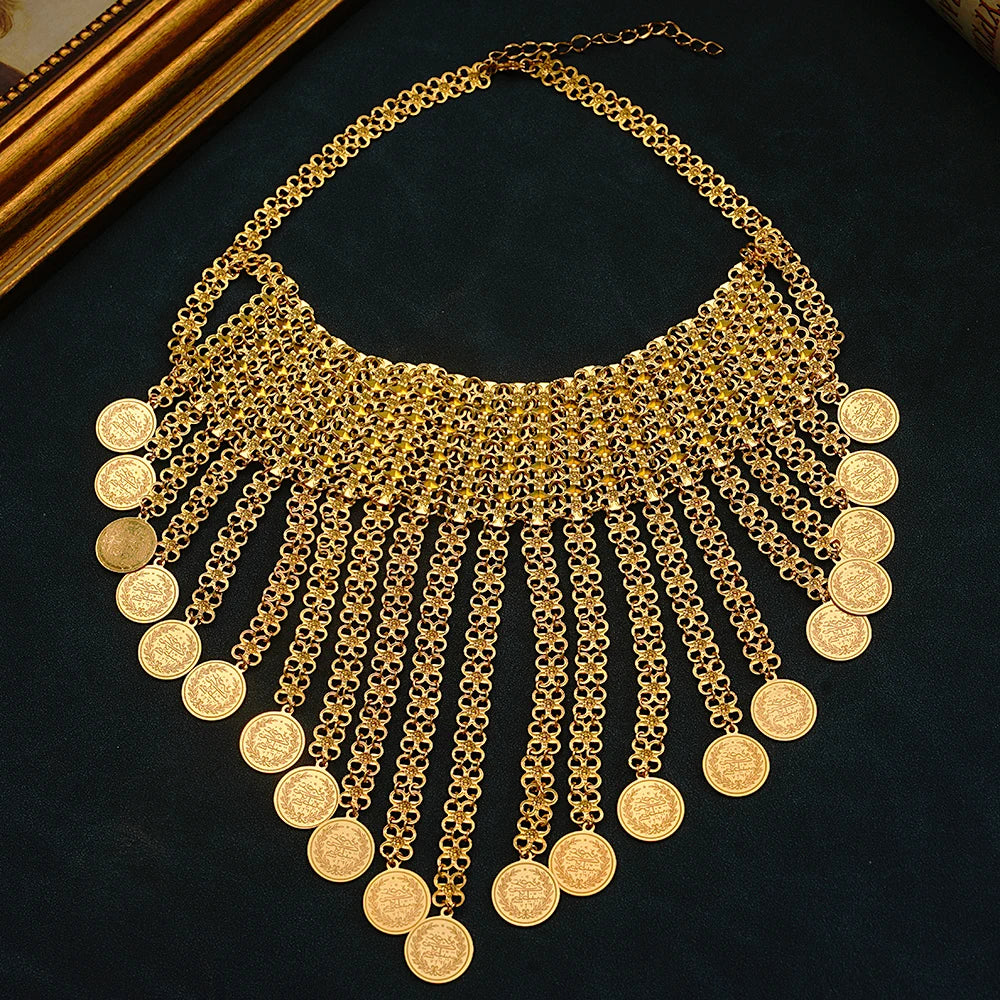 New Tassels Gold Plated Coin Necklace for Women Turkish Bridal Chains Necklaces Ethnic Wedding Jewelry Bride