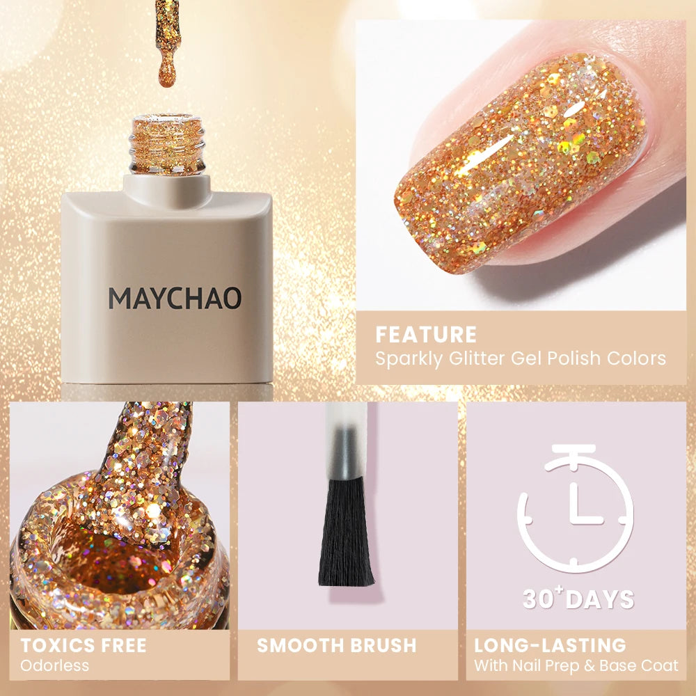 MAYCHAO 12ML Glitter Gel Nail Polish Autumn Colors Long Lasting For Manicure Soak Off Nail Art Gel Varnish Shiny Sequins UV Gel