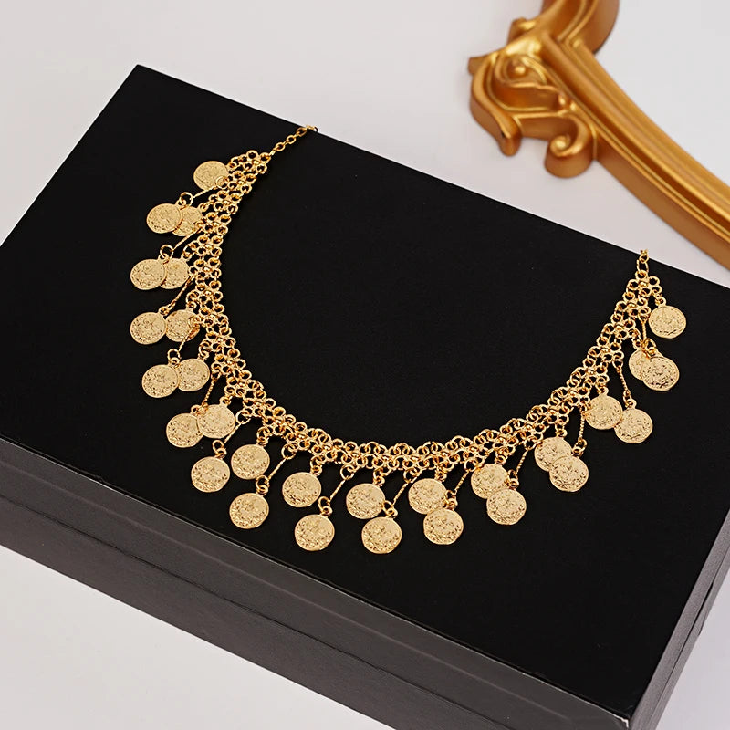 Turkish Coin Chain Necklace Gold Plating Arabic Middle East Coins Jewelry Necklace for Women Ethnic Wedding Jewelry Bridal