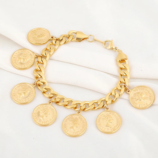 Luxury Fashion Stainless Steel Portrait Coin Pendant Bracelet for Women Wide Cuban Chain Charm Jewelry