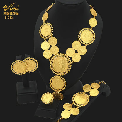 ANIID Dubai Gold Color Coin Necklace Bracelet Jewelry Sets For Women African Ethiopian Bridal Wedding Luxury Jewellery Gifts