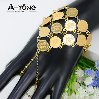 Turkish Coins Bracelet Finger Ring 18k Gold Plated Chic Elegant Bangles Women Wedding Party Jewelry