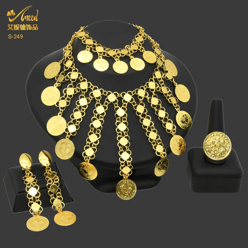 ANIID Dubai Gold Color Coin Necklace Bracelet Jewelry Sets For Women African Ethiopian Bridal Wedding Luxury Jewellery Gifts