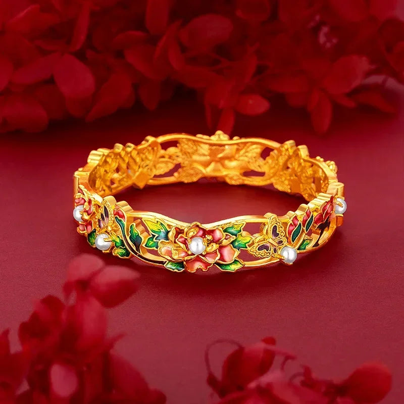 Real 100% Gold 24K Yellow Gold Vintage Enamel Peony Flower Cuff Bracelet for Women Bangles Wedding Fine Jewelry