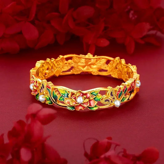 Real 100% Gold 24K Yellow Gold Vintage Enamel Peony Flower Cuff Bracelet for Women Bangles Wedding Fine Jewelry