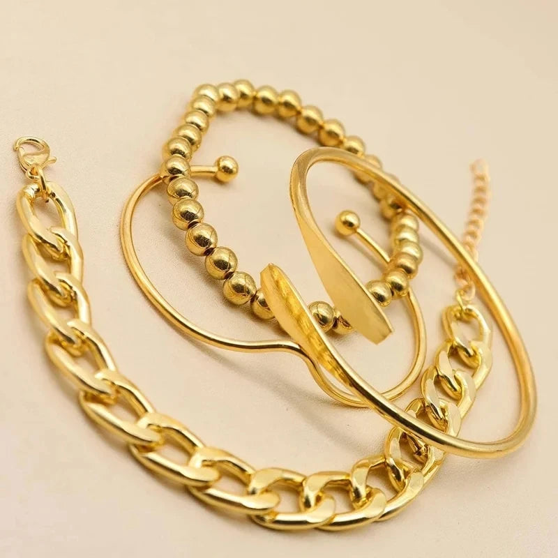 Punk Curb Cuban Chain Bracelets Set for Women Simple Thick Gold Color Charm Bracelets Fashion Jewelry Accessories New 4pcs
