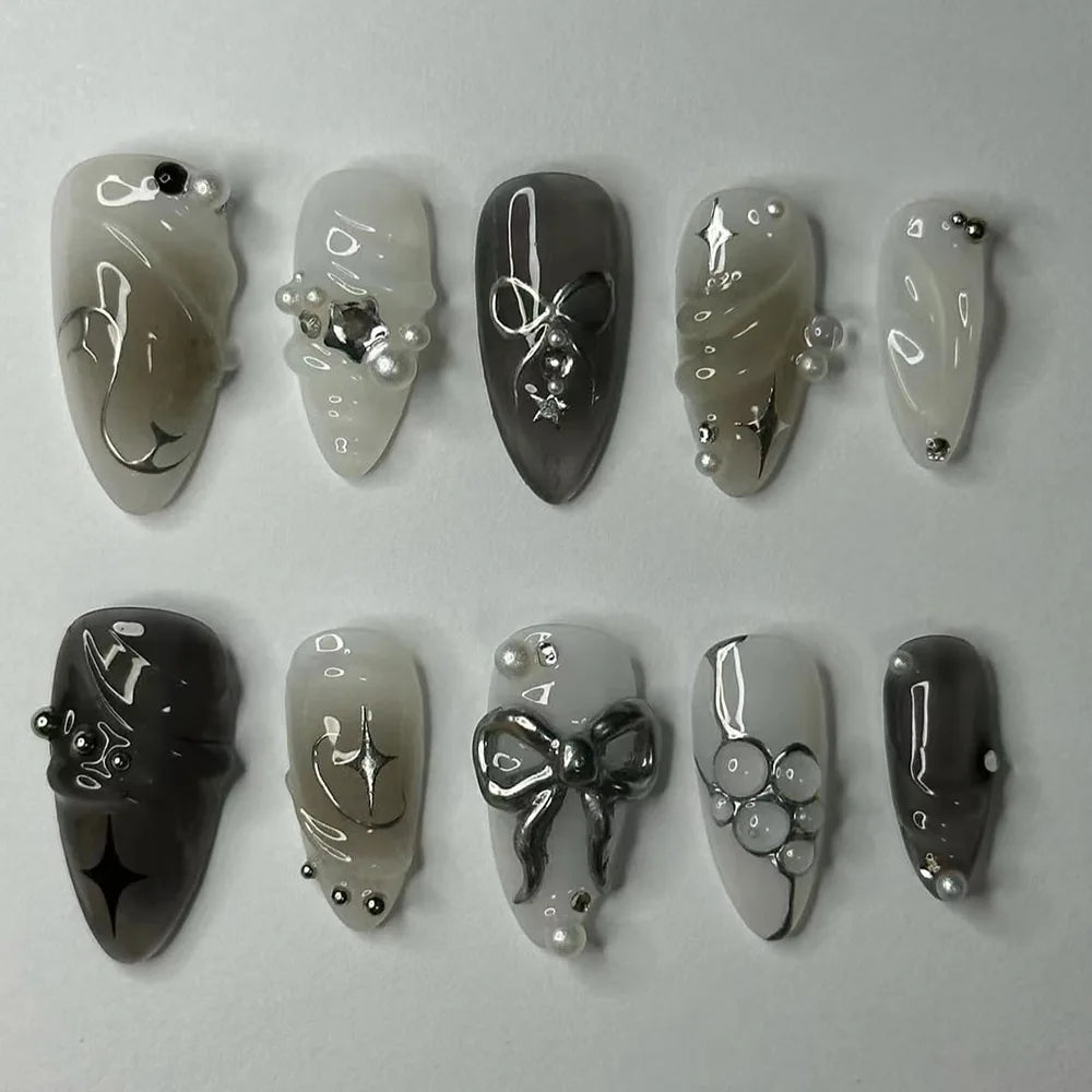 24pcs French Almond Press on Nails Valentine's Day False Nails 3D Bow knot Wearable Stick-on Nails Fake Nail