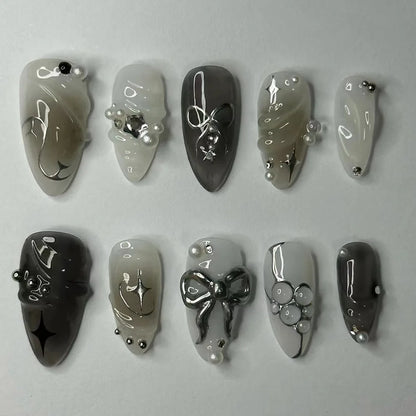 24pcs French Almond Press on Nails Valentine's Day False Nails 3D Bow knot Wearable Stick-on Nails Fake Nail
