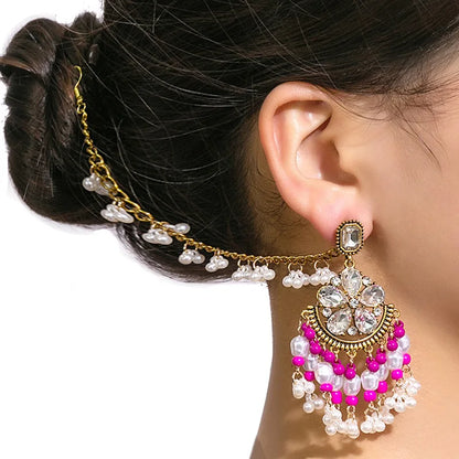 Retro Crystal Flower Indian Earring Link Headdress Jewelry One Piece Pearl Bead Tassel Dangle Earrings Gold Color Bohemia Bijoux