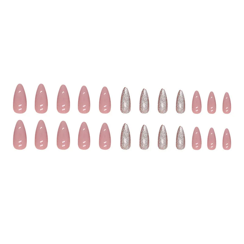 24pcs Solid Bean Pink Almond Glitter Medium Long Nails Press on False Nails with Glue Reusable Woman Artificial Fake Nail Tips