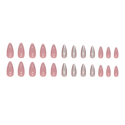 24pcs Solid Bean Pink Almond Glitter Medium Long Nails Press on False Nails with Glue Reusable Woman Artificial Fake Nail Tips