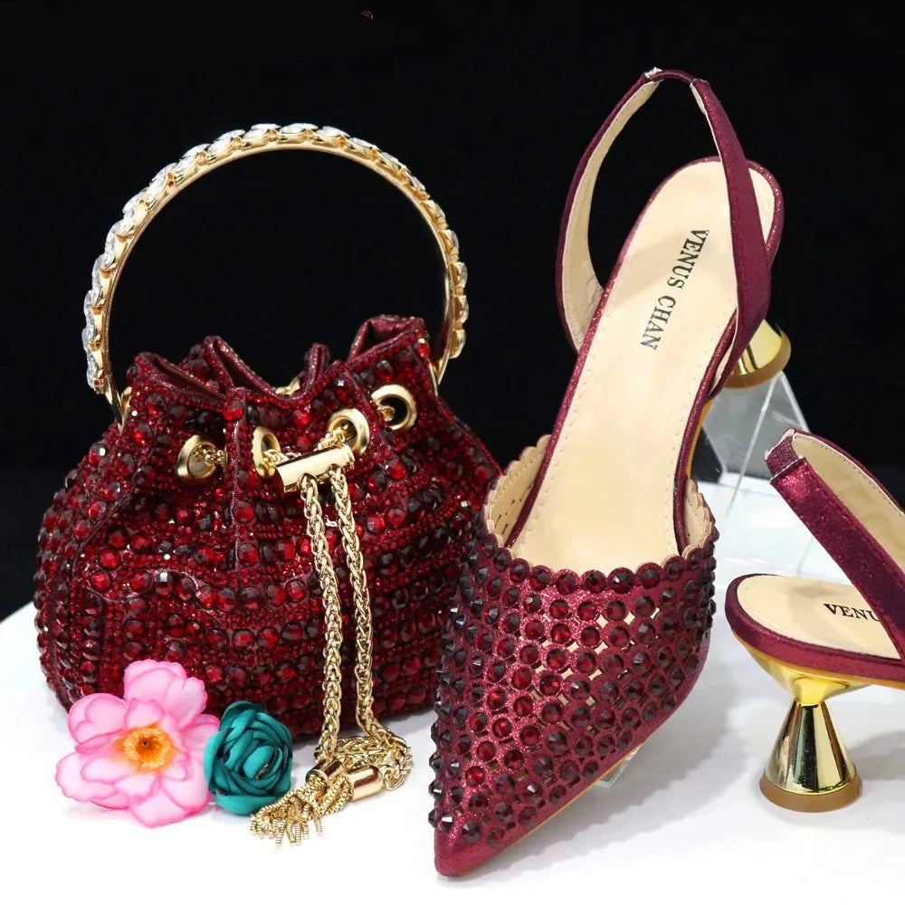 Venus Chan Pointed Toe Heels for Women Elegant Party Wine Color Full Diamond Pumps Italian Shoes and Bags Matching Set