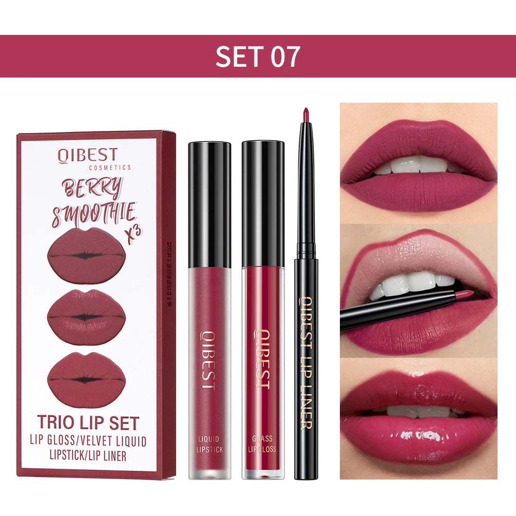 New 3pcs/set Liquid Lipstick Lip Liner Long Lasting Cosmetic Black Brown Purple Red Matte Lip Gloss Nude Lip Tint Stain Makeup