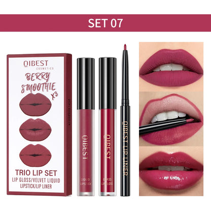 New 3pcs/set Liquid Lipstick Lip Liner Long Lasting Cosmetic Black Brown Purple Red Matte Lip Gloss Nude Lip Tint Stain Makeup