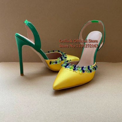 Gullick Multi Colors Crystal String Bead Women Slingback Pumps Yellow Green Sain Pointed Toe Rhinestone Trim High Heeled Shoes